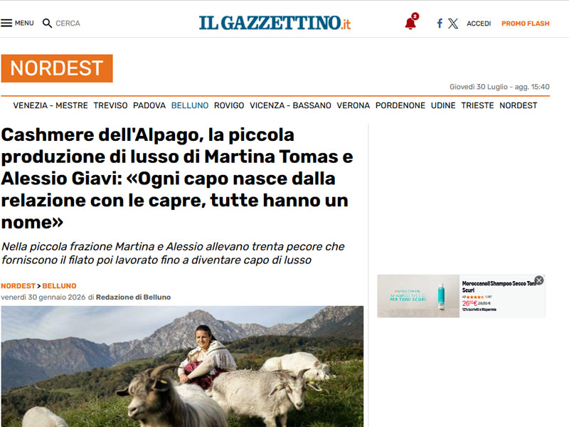 Cashmere dell'Alpago, la piccola produzione di lusso di Martina Tomas e Alessio Giavi